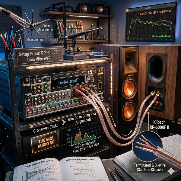 Hình minh họa cách phối hợp Klipsch RP-6000F II với bộ thu AVR và loa siêu trầm mạnh mẽ sân khấu tại gia.